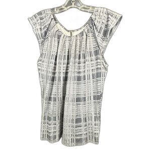 Banana Republic Light Dark Gray Grid Pattern Flutter Sleeve Pleated Neckline M